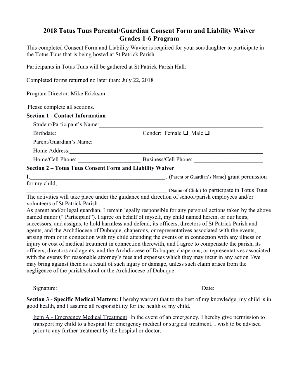 2018 Totus Tuus Parental/Guardian Consent Form and Liability Waiver