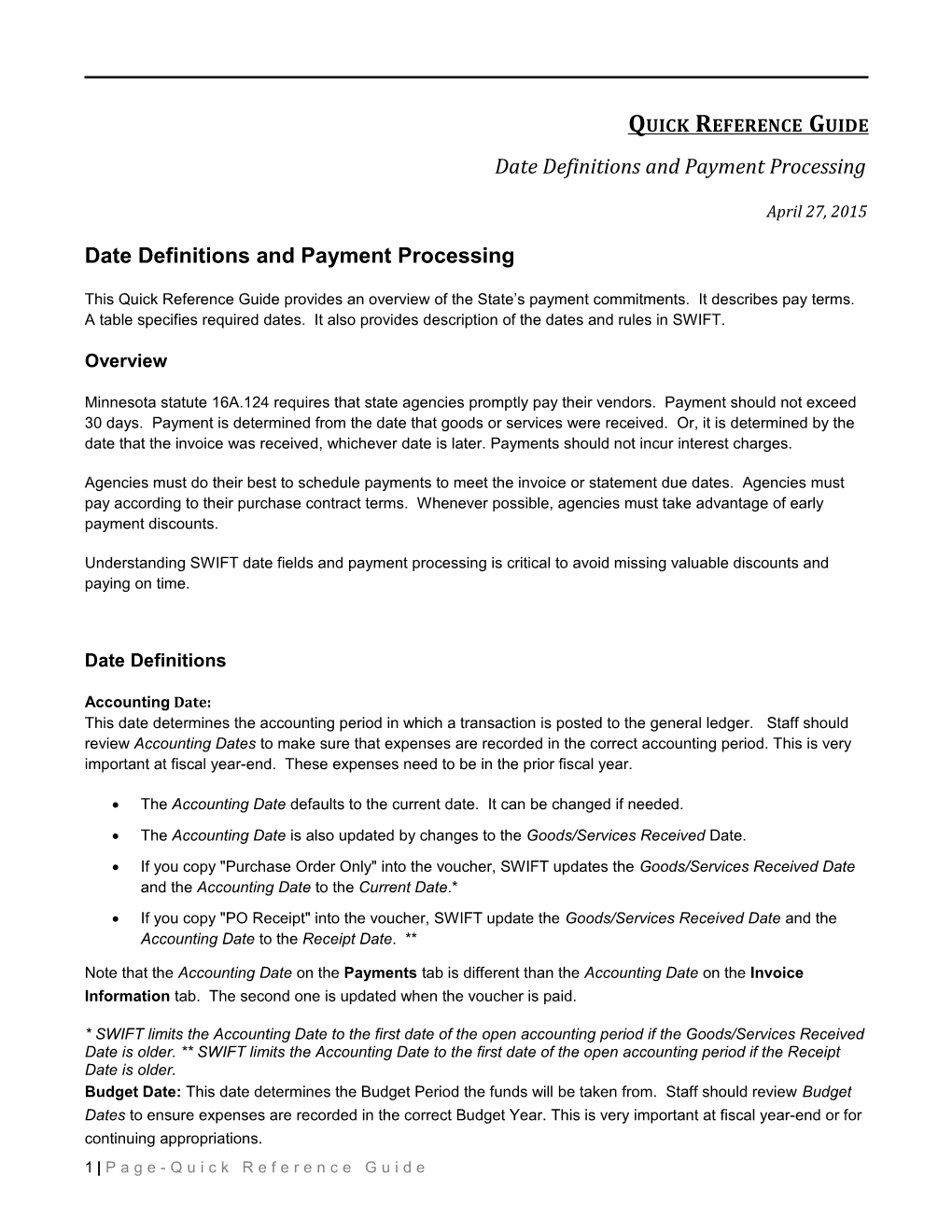 Date Definitions and Payment Processing