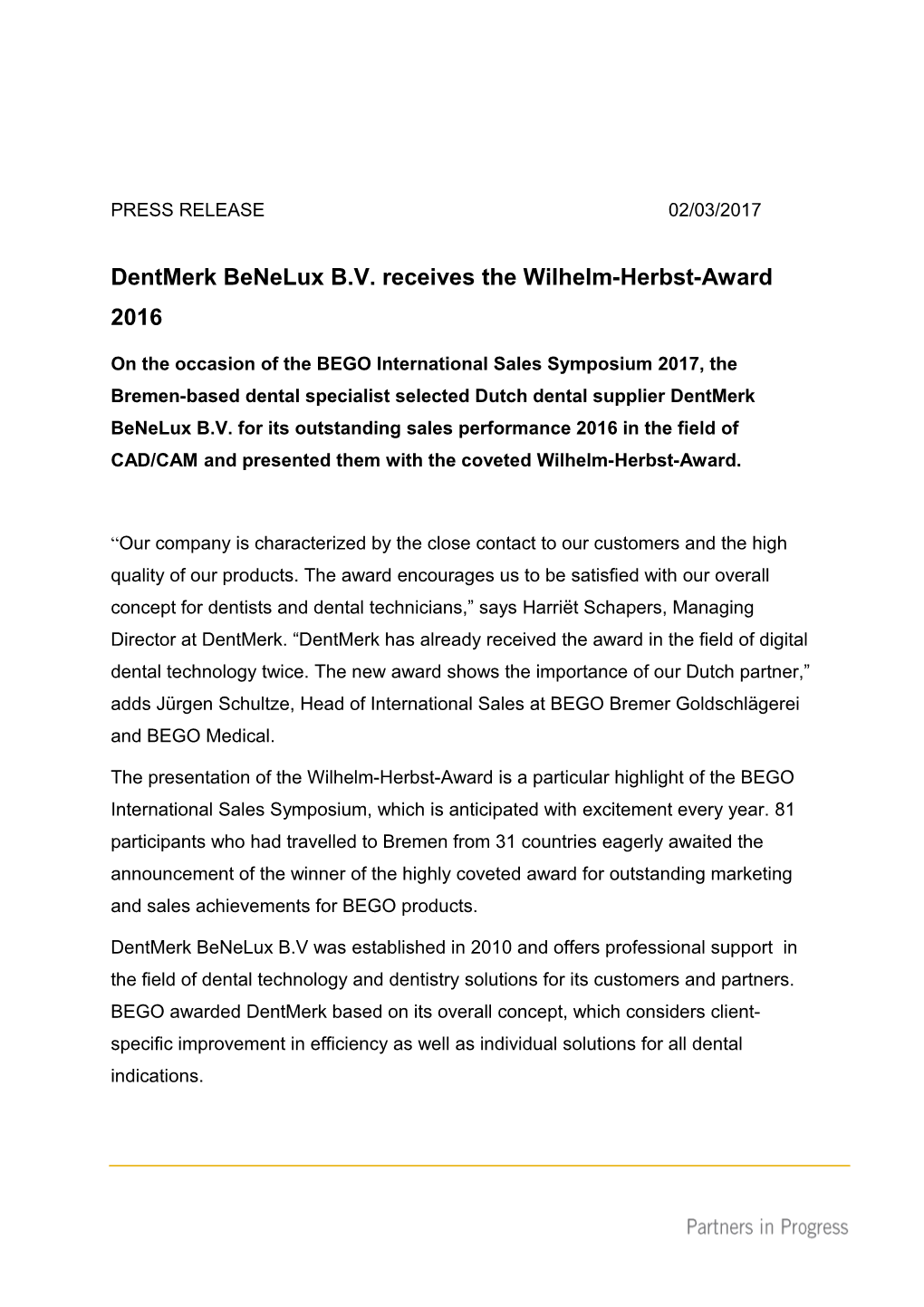 Dentmerk Benelux B.V. Receives the Wilhelm-Herbst-Award 2016