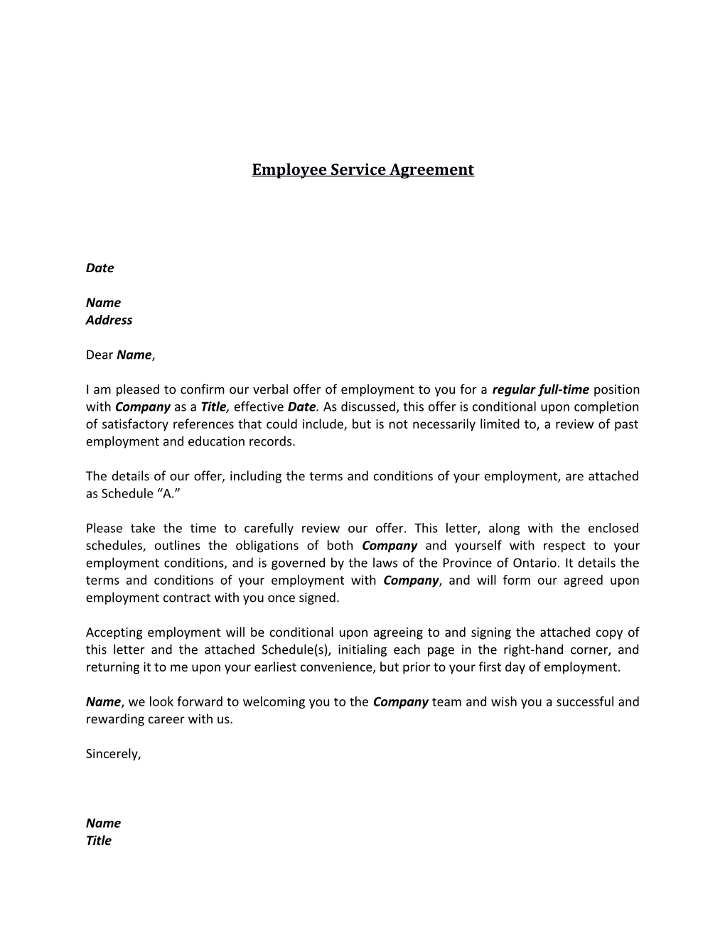 Employee Service Agreement