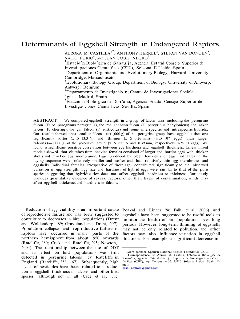 Determinants of Eggshell Strength in Endangered Raptors