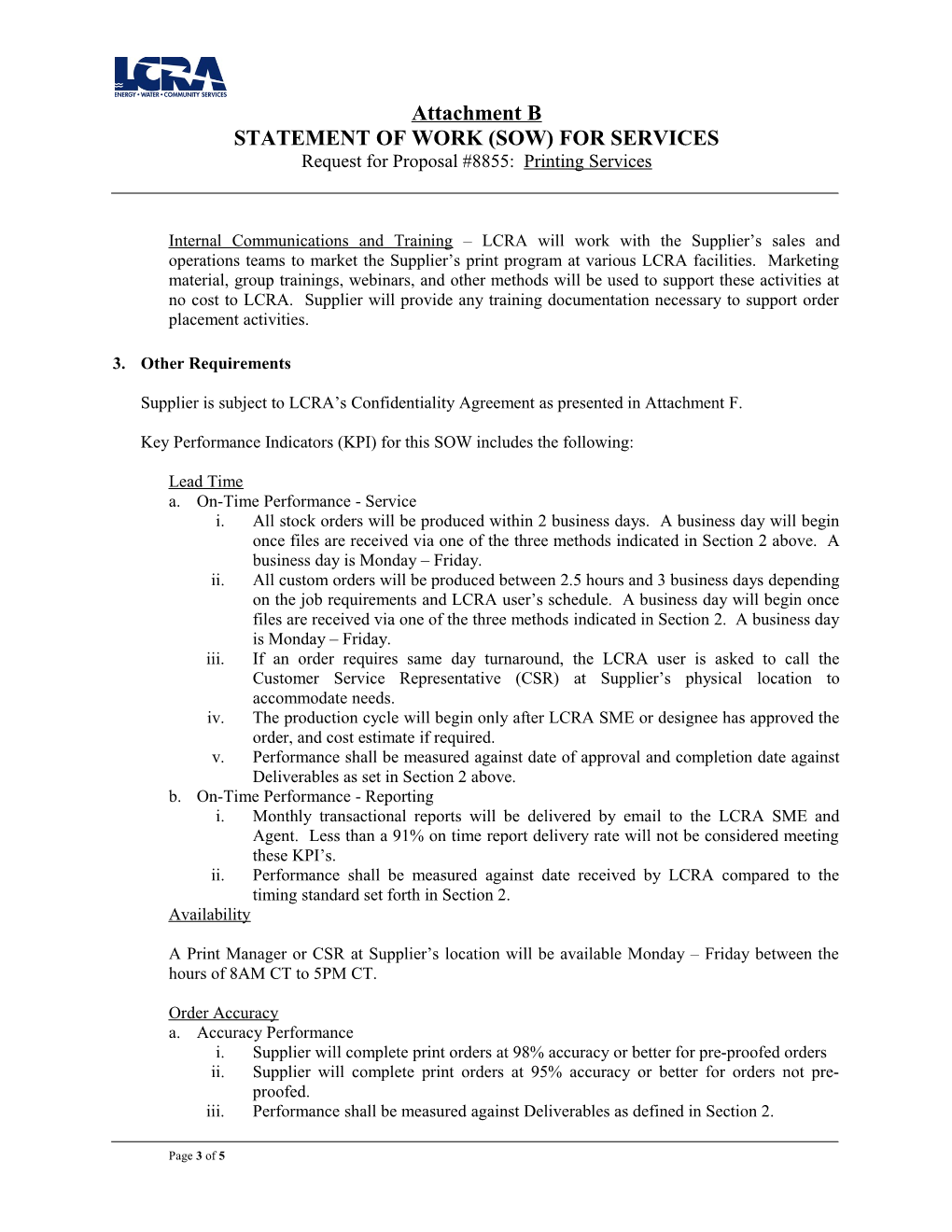 LCRA RFP8855 Printing Services Statement of Work Attachment B