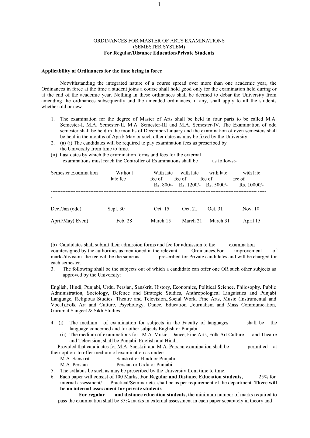 Ordinances for Master of Arts Examinations