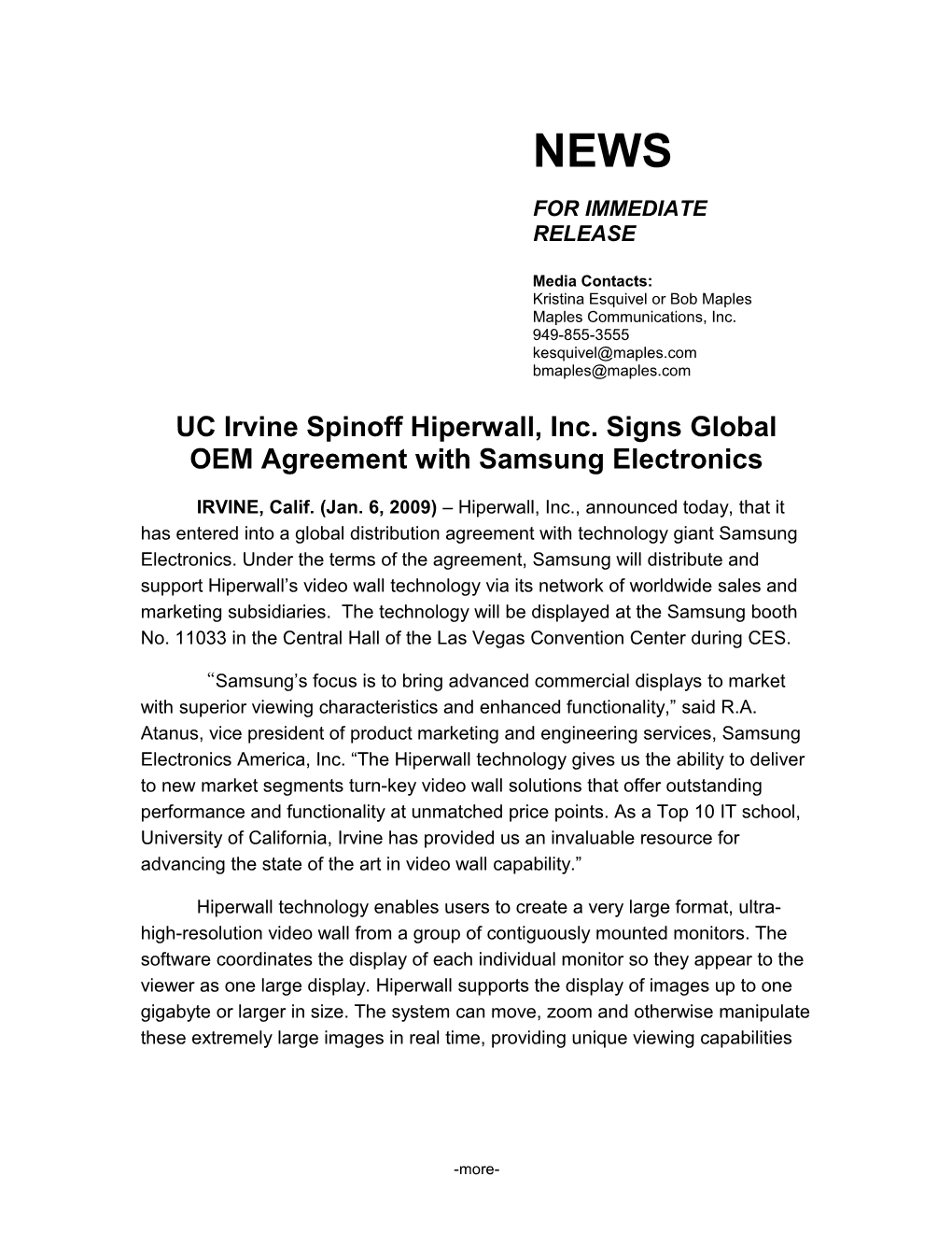 UC Irvine Spinoff Hiperwall, Inc. Signs Global OEM Agreement with Samsung Electronics