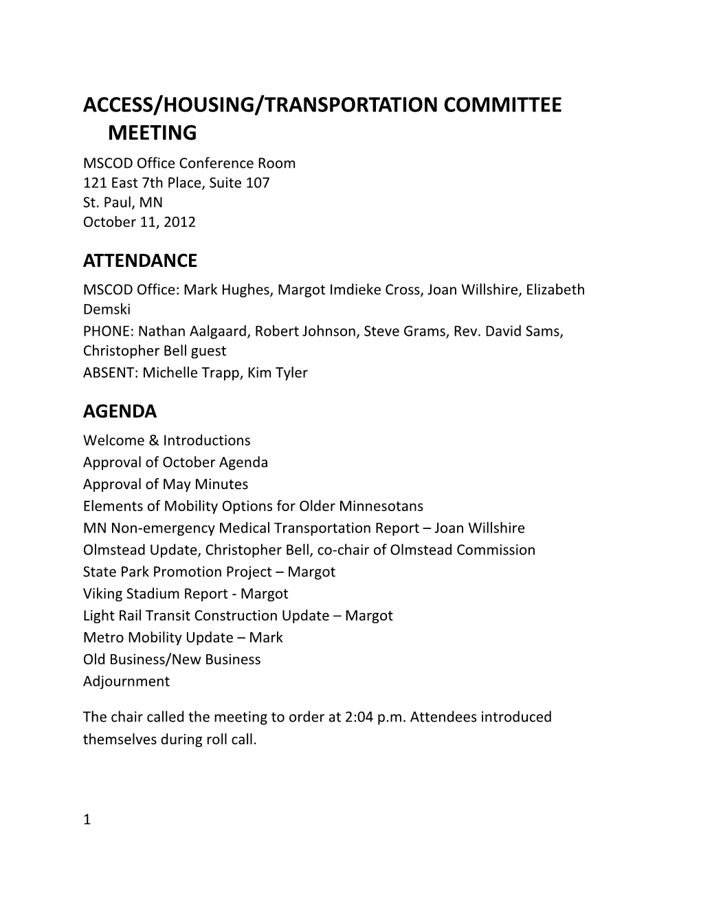 MSCOD Access/Housing/Transportation Committee Meeting Minutes, 10/11/2012