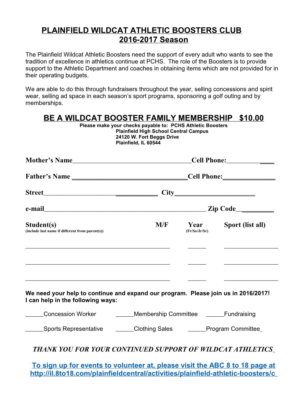 Plainfield Wildcat Athletic Boosters Club