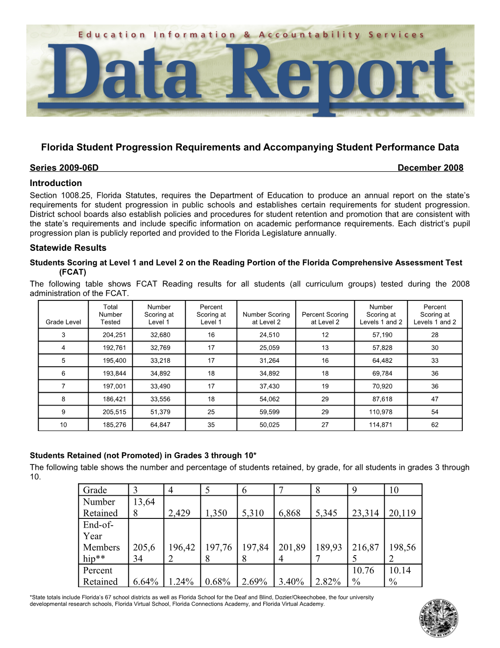 Florida Student Progression Requirements and Accompanying Student Performance Data