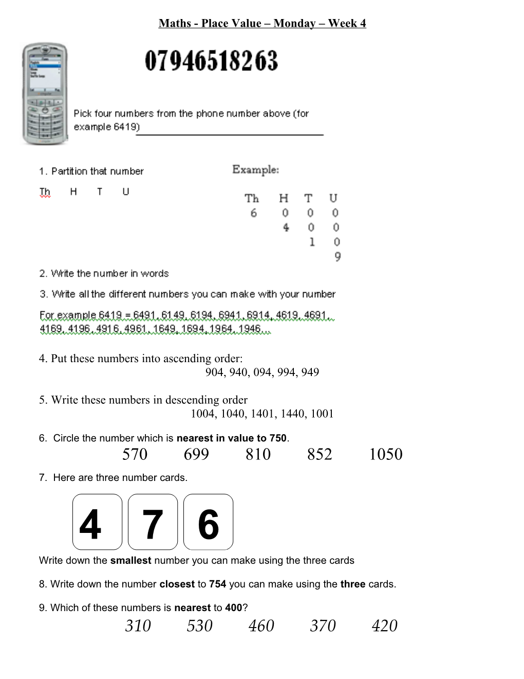 Maths - Place Value Monday Week 4