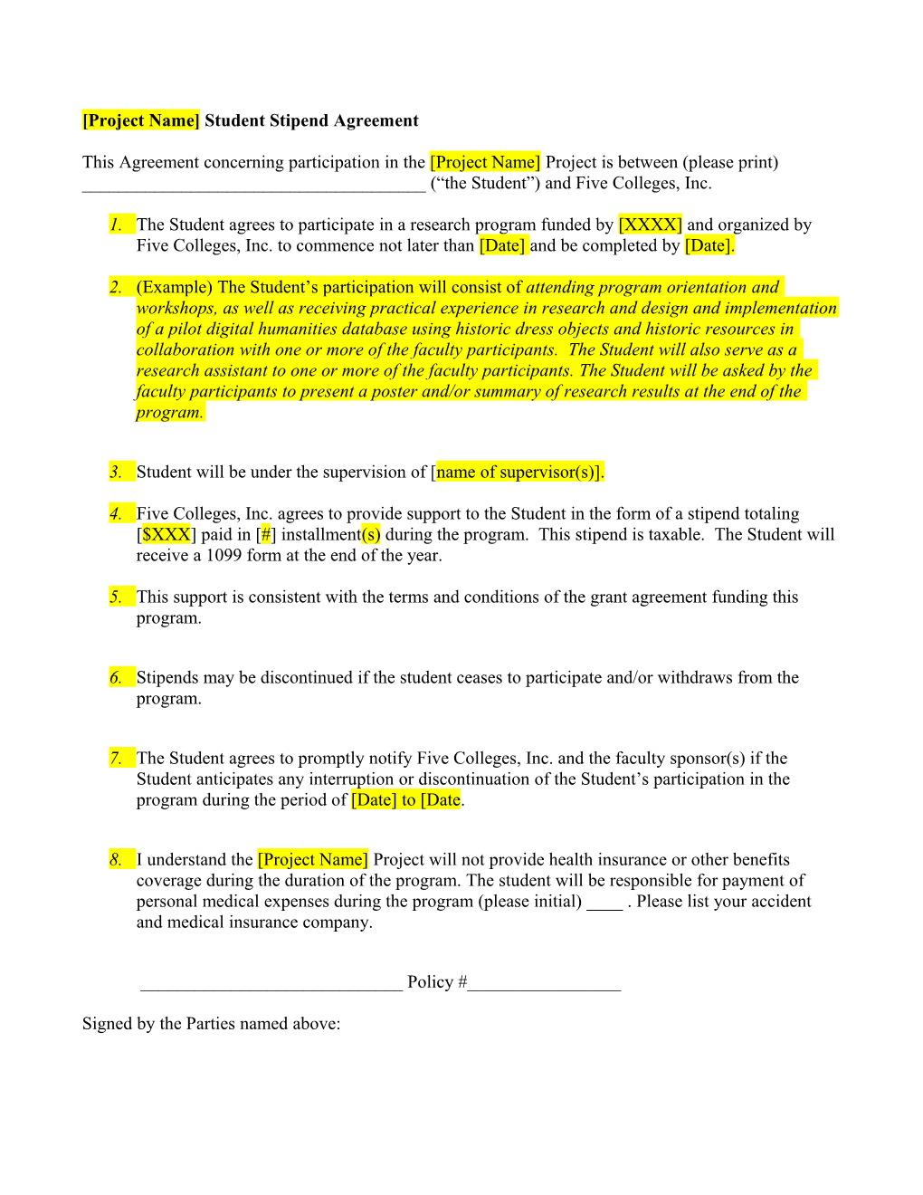 Mellon Summer Research Program Participation Agreement
