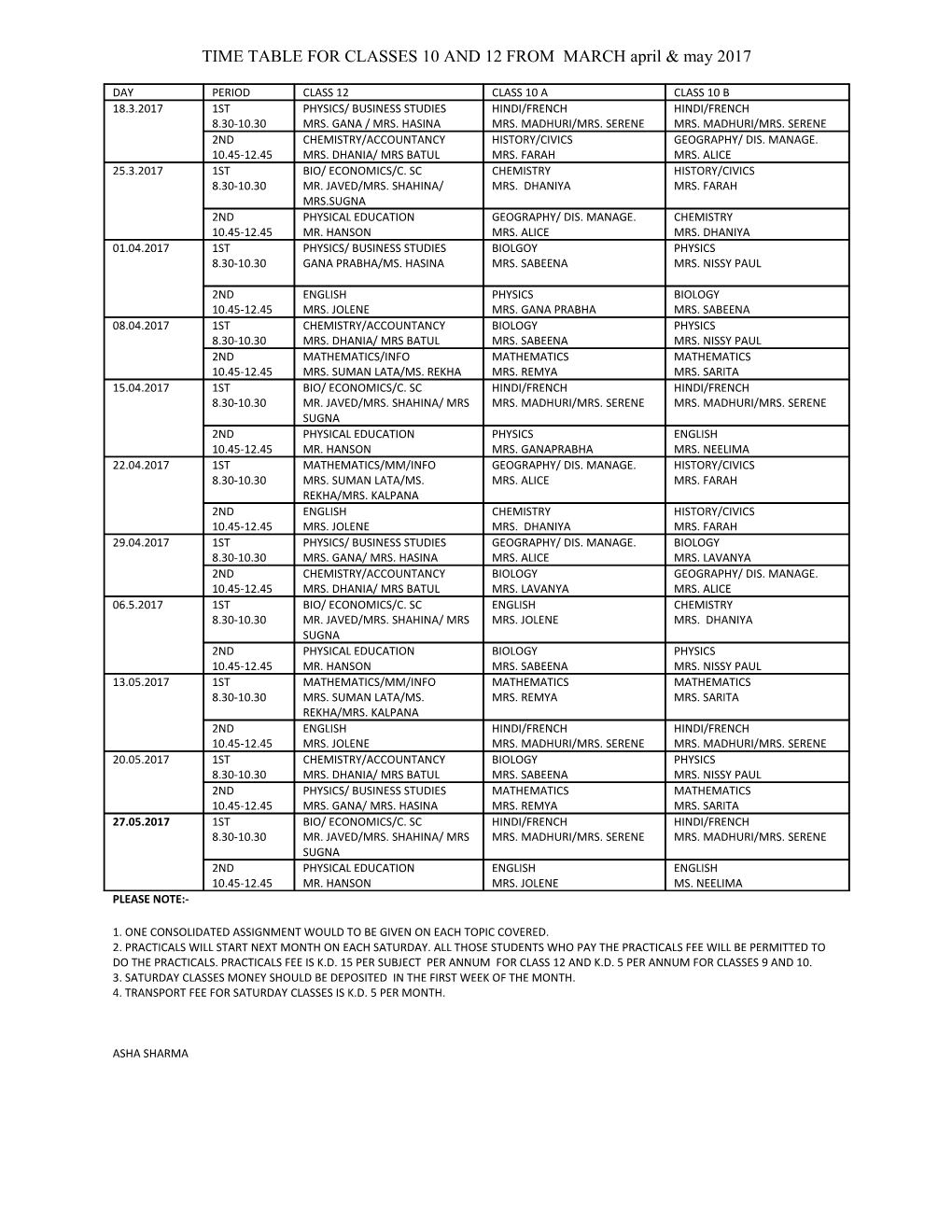 TIME TABLE for CLASSES 10 and 12 from MARCH April & May 2017