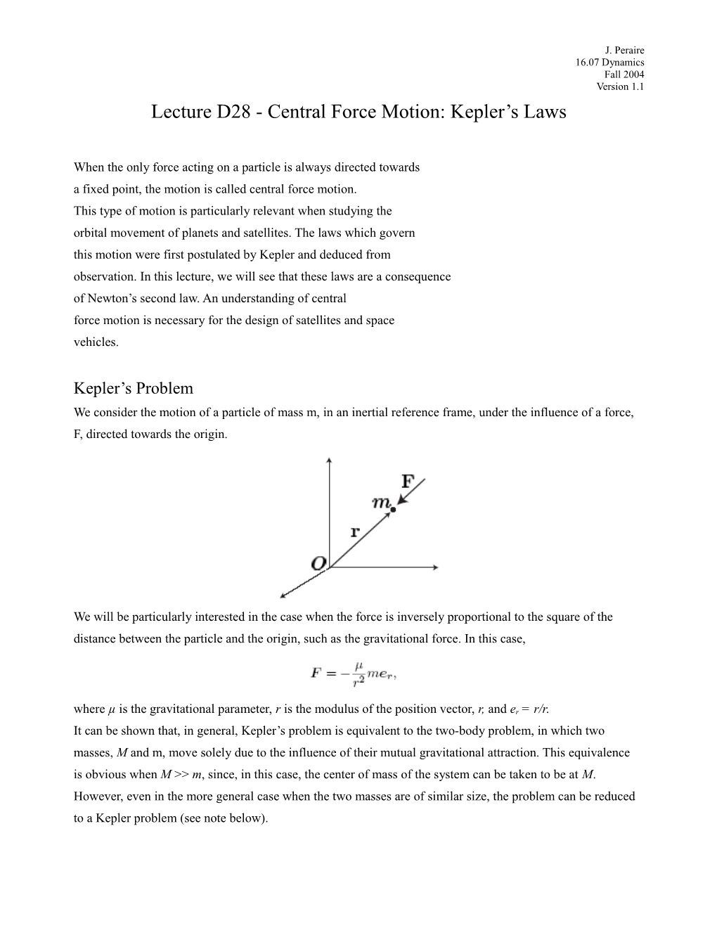 Lecture D28 - Central Force Motion: Kepler S Laws