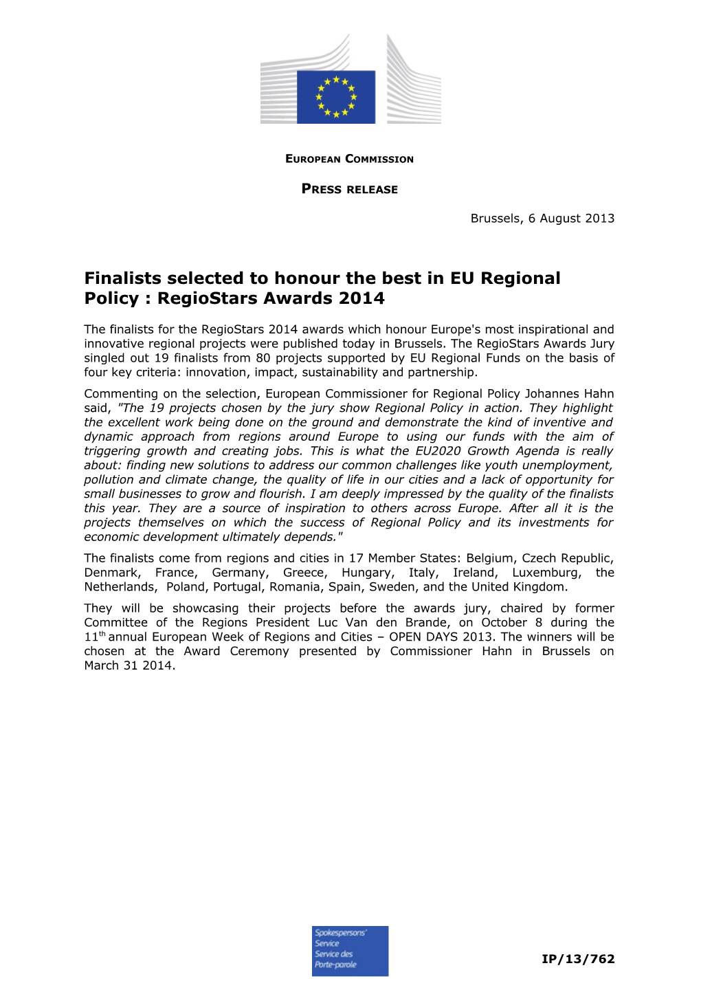 Finalists Selected to Honour the Best in EU Regional Policy : Regiostars Awards 2014