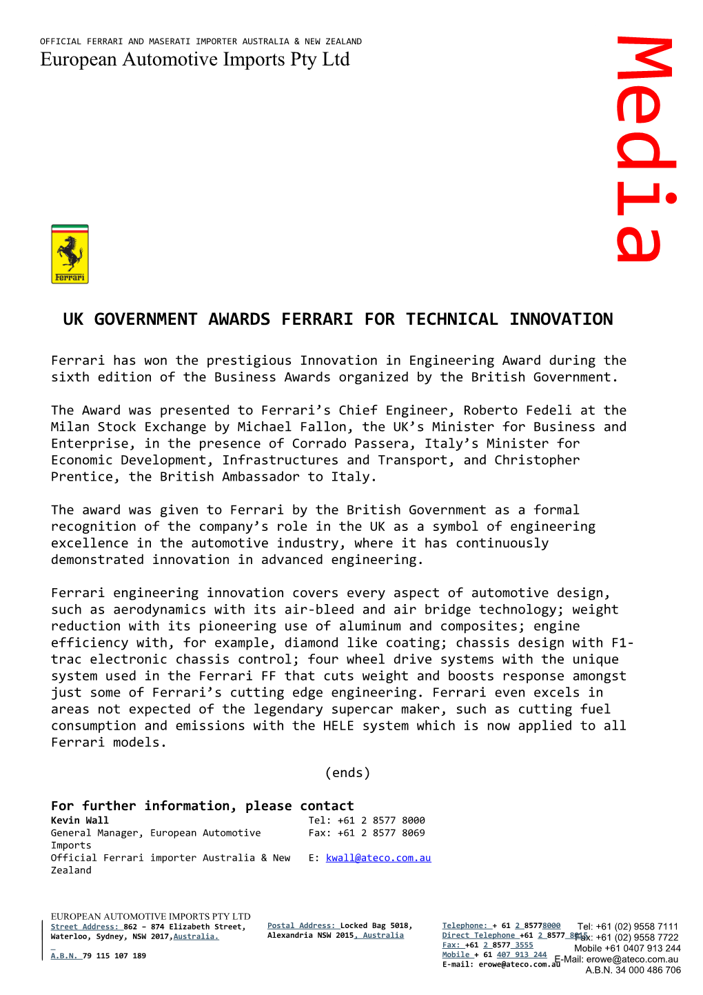 Uk Government Awards Ferrari for Technical Innovation