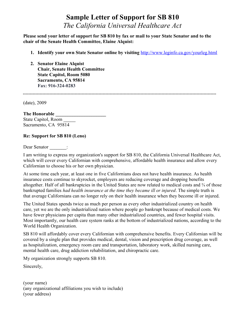Organizational Sample Letter of Support for SB 840