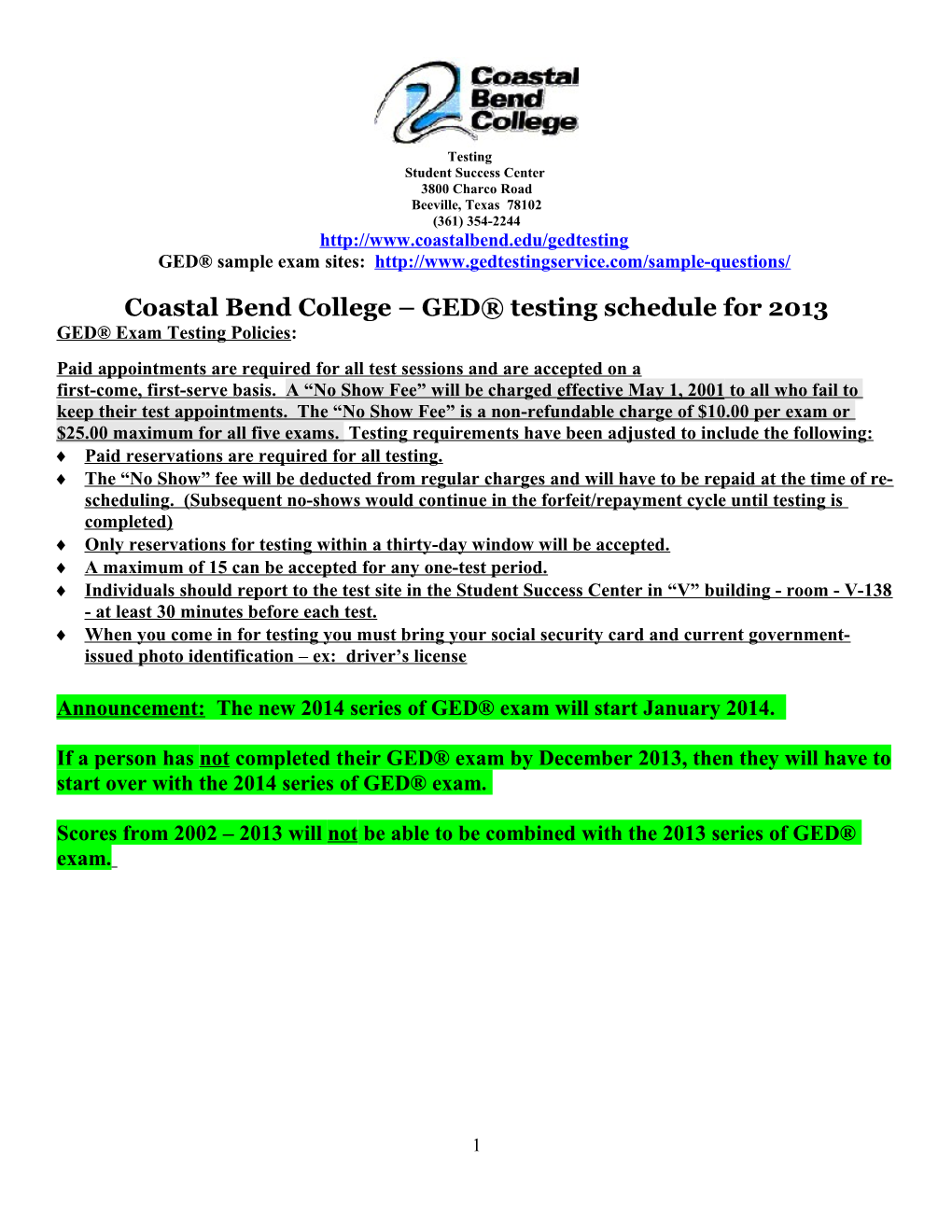 Coastal Bend College GED Testing Schedule for 2013