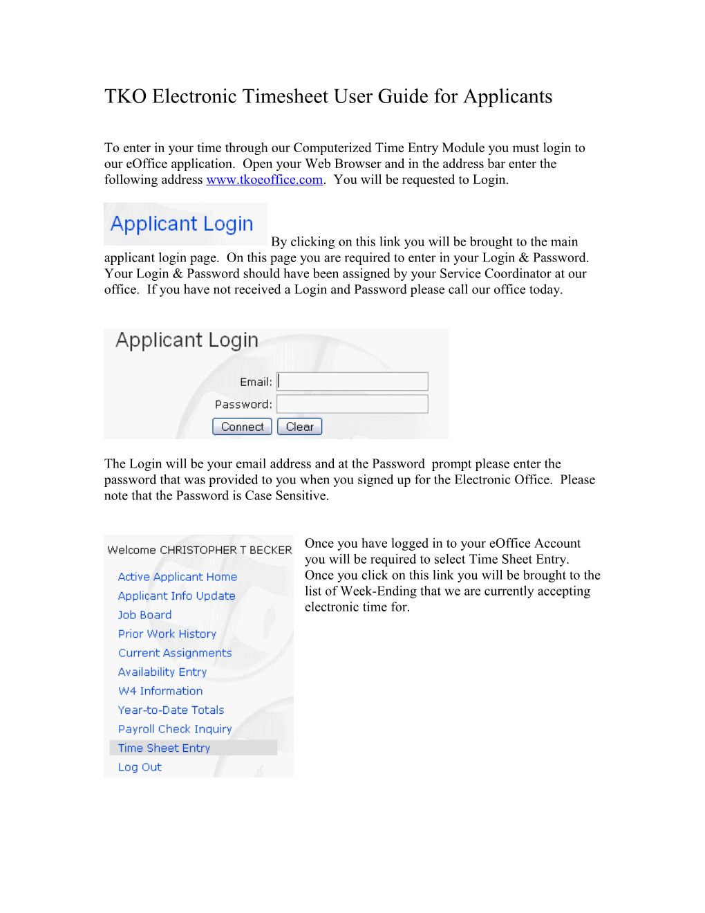 TKO Electronic Timesheet User Guide for Applicants