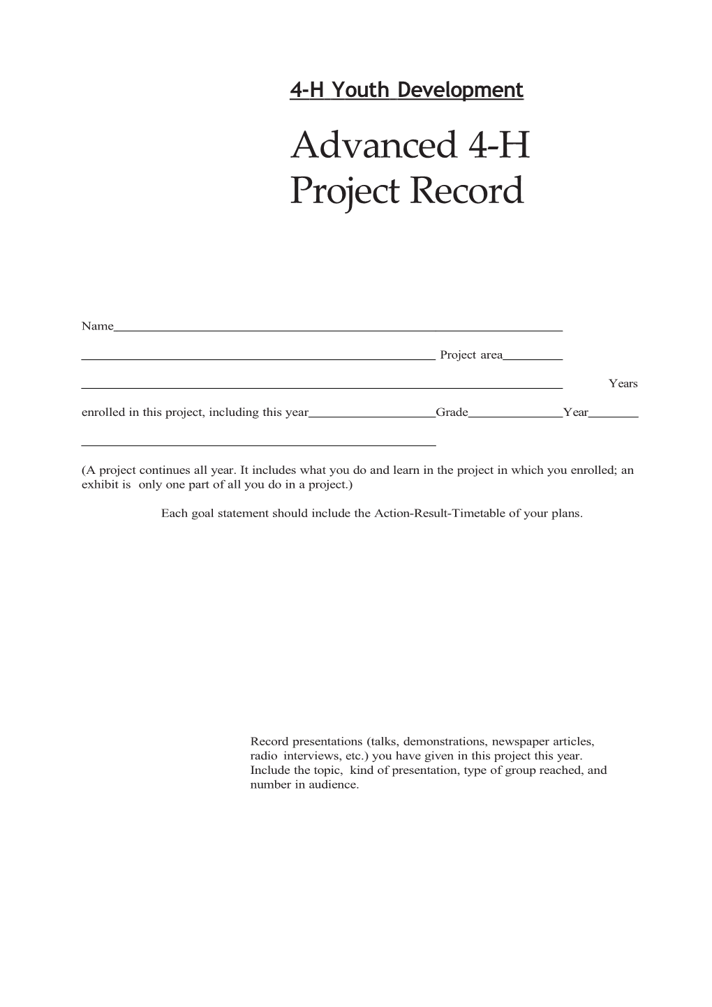 Advanced 4-H Project Record