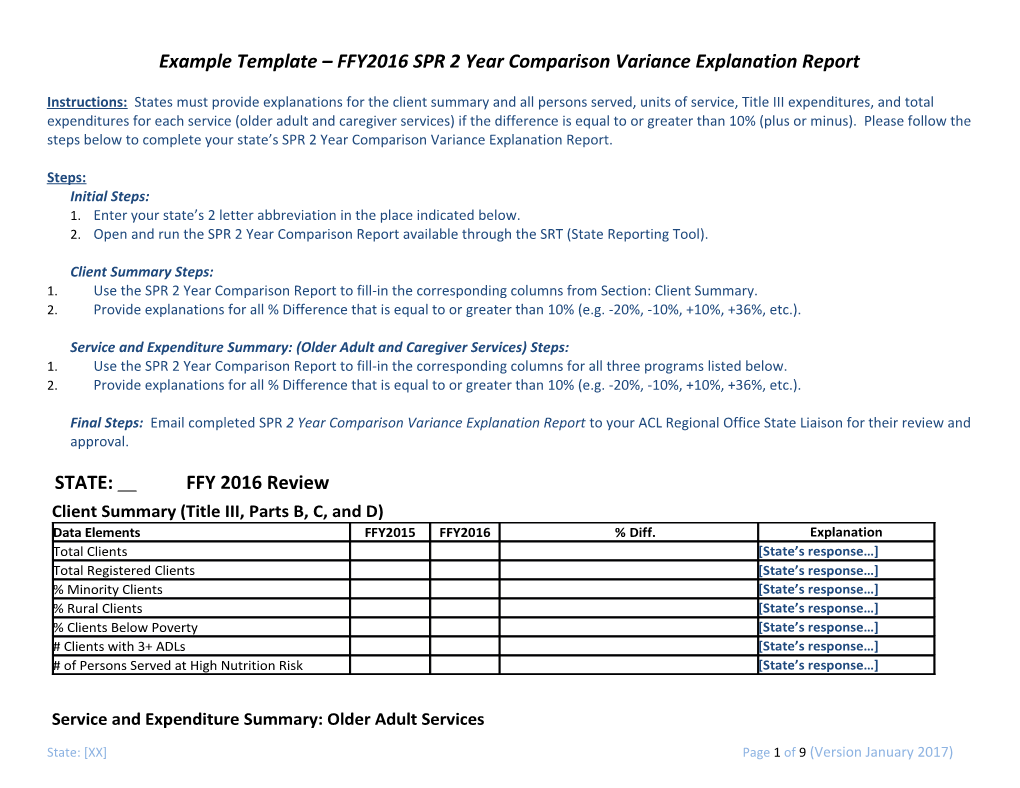 Example Template FFY2016 SPR 2 Year Comparison Variance Explanation Report