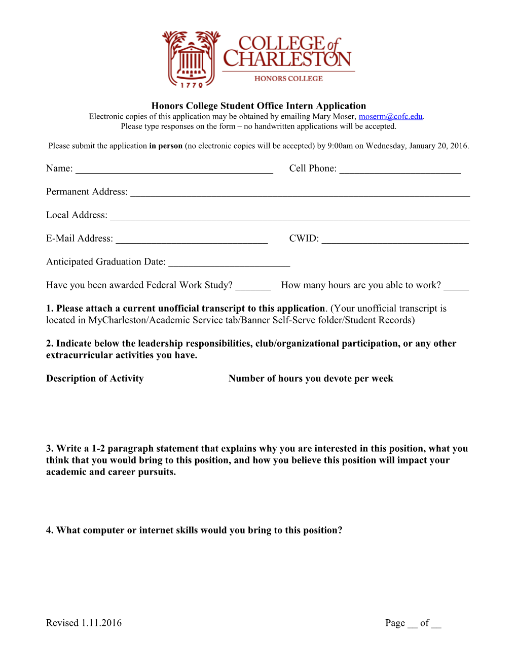 Honors College Student Employment Application