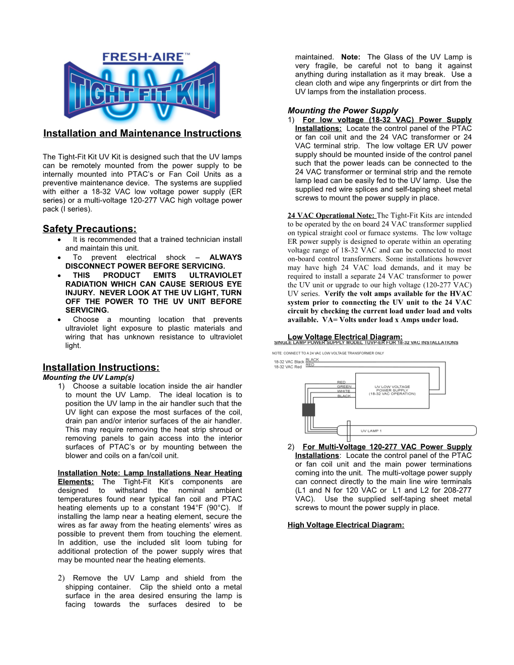 Installation and Maintenance Instructions