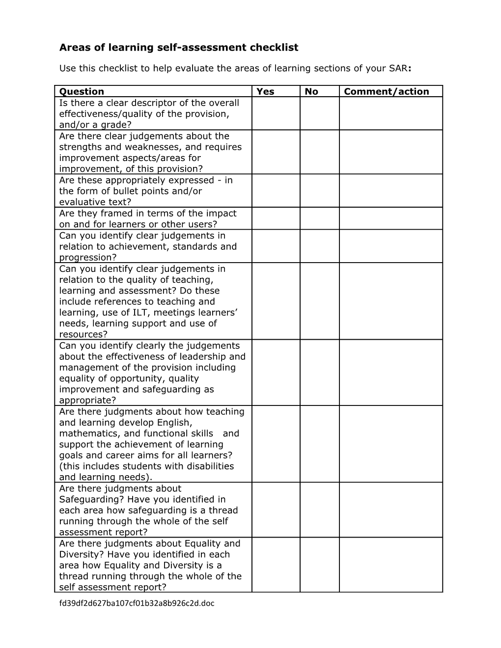 Areas of Learning Self-Assessment Checklist