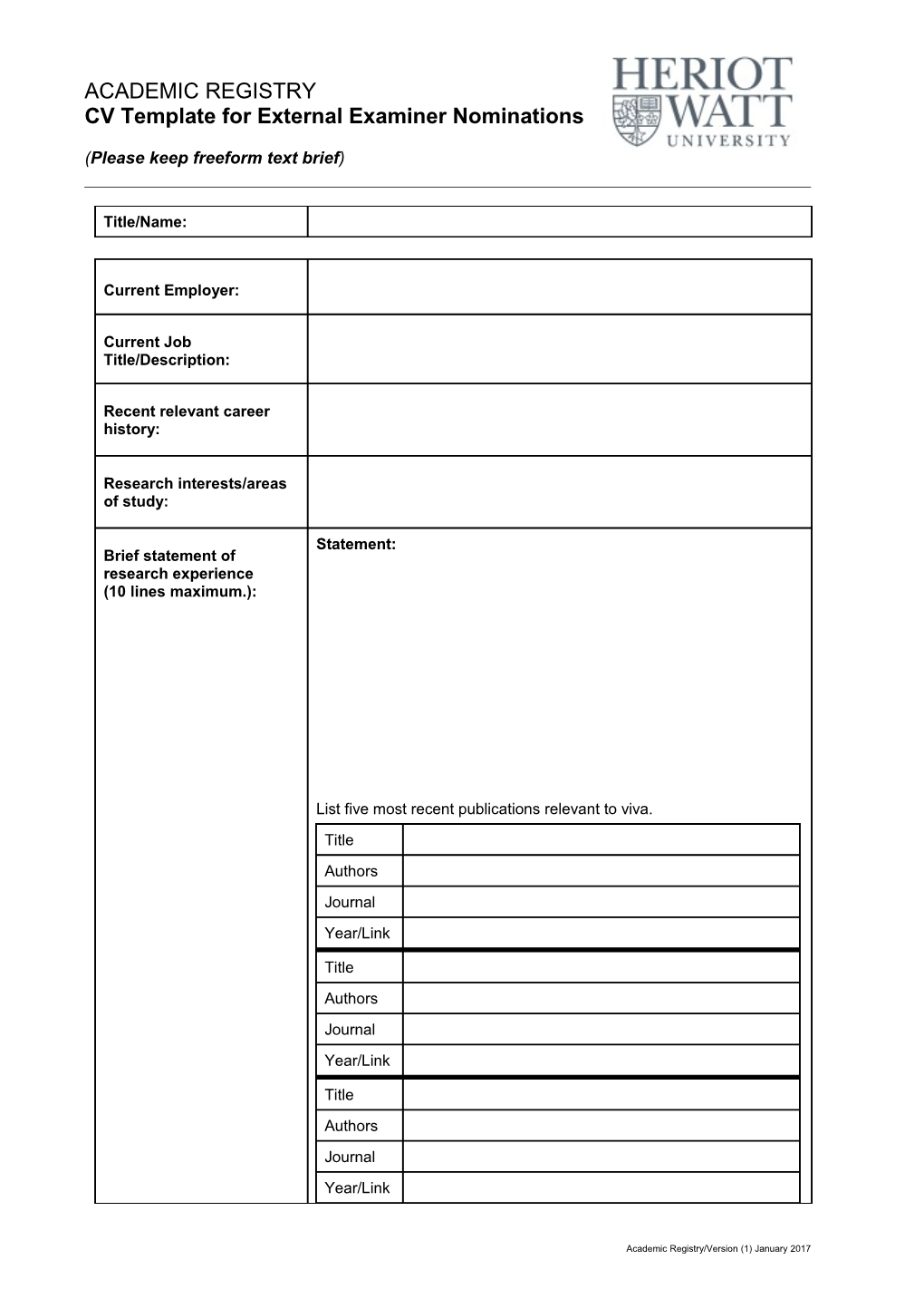 CV Template for External Examiner Nominations