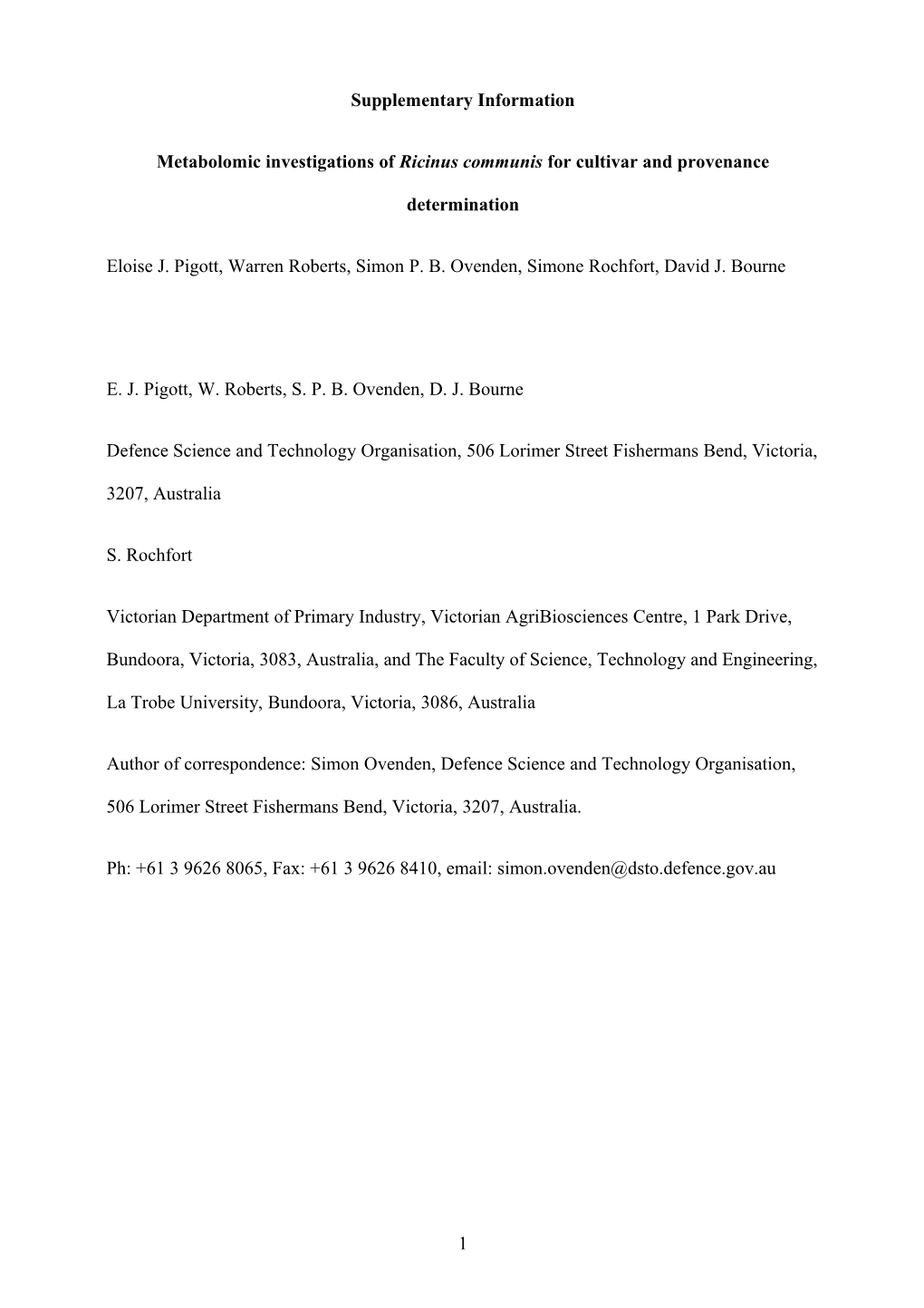 Metabolomic Investigations of Ricinus Communis for Cultivar and Provenance Determination