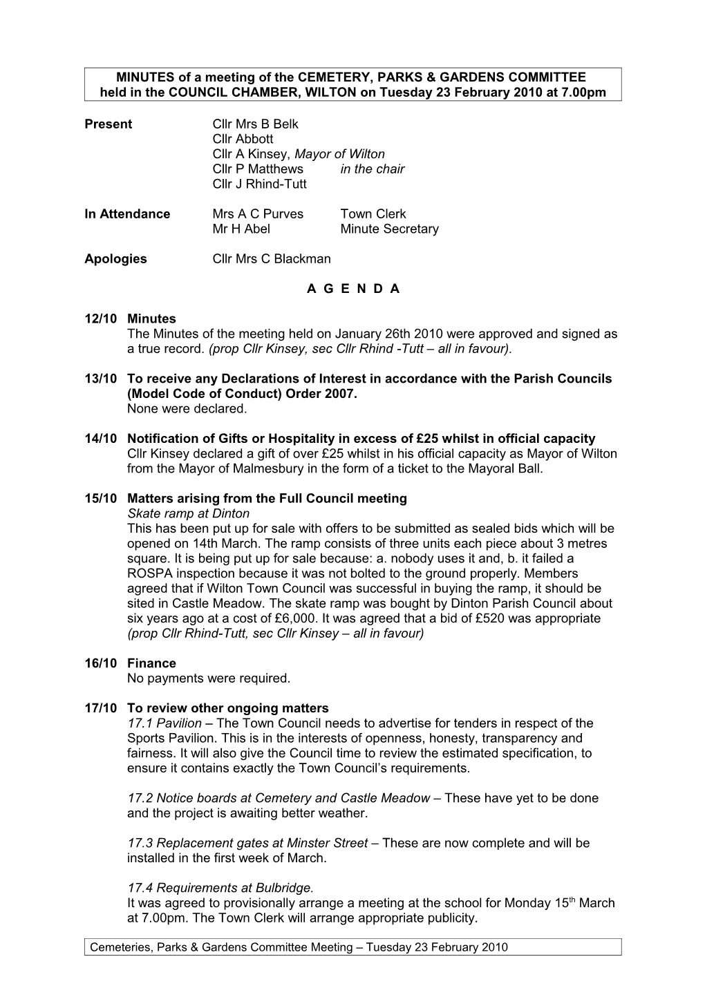 MINUTES of a Meeting of WILTON TOWN COUNCIL Held in the COUNCIL CHAMBERS, KINGSBURY SQUARE s2