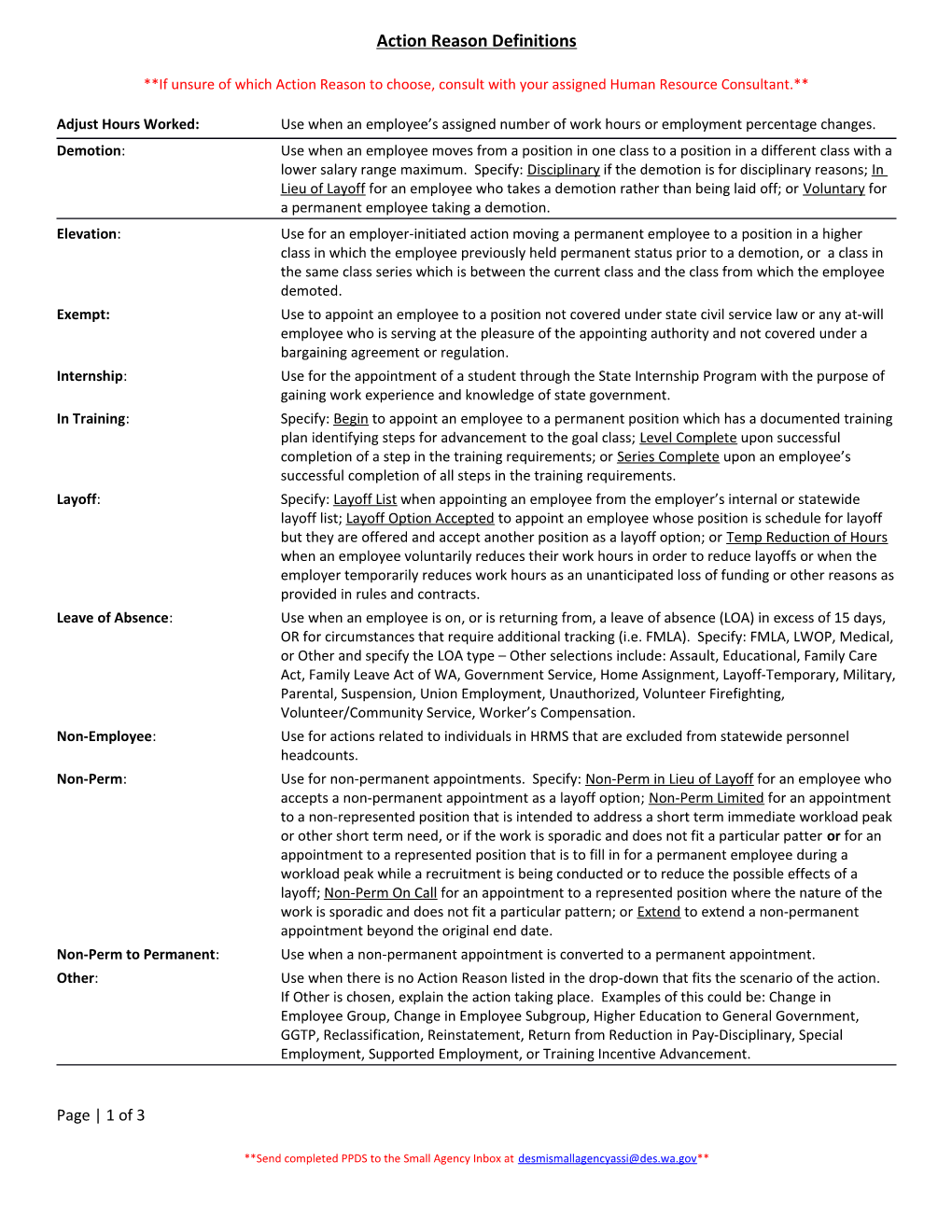 PPDS Action Reason Definitions