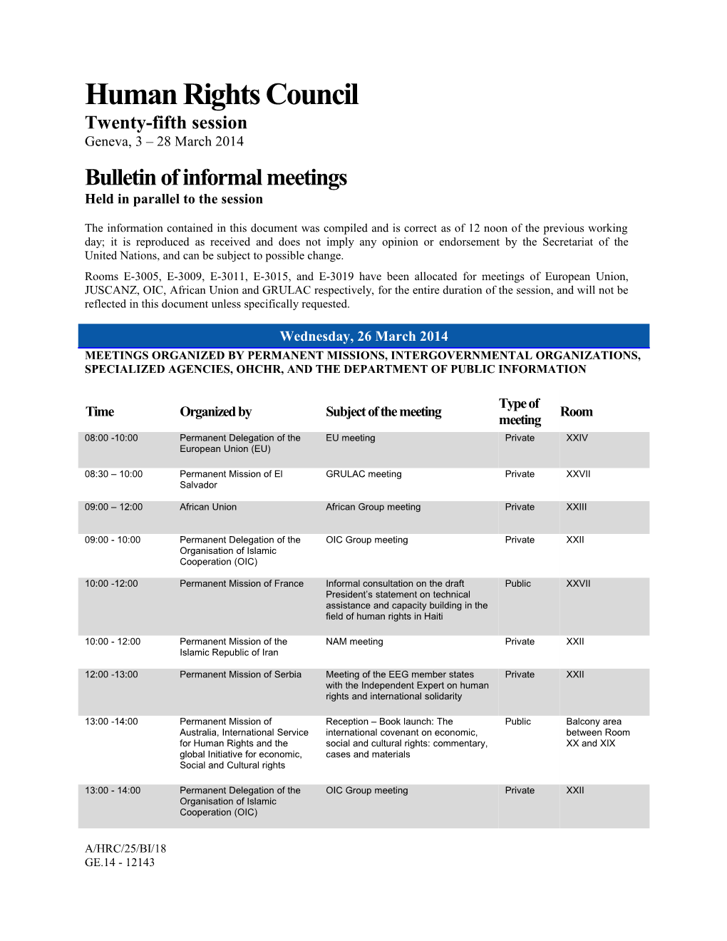 Bulletin of Informal Meetings, 26 March 2014