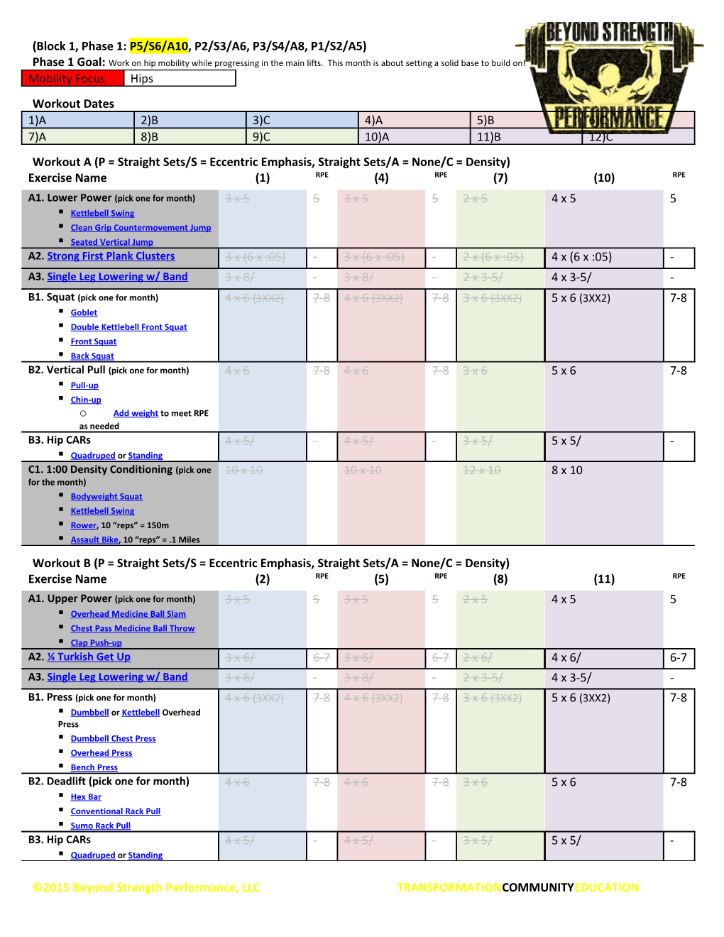 Workout a (P = Straight Sets/S = Eccentric Emphasis, Straight Sets/A = None/C = Density)