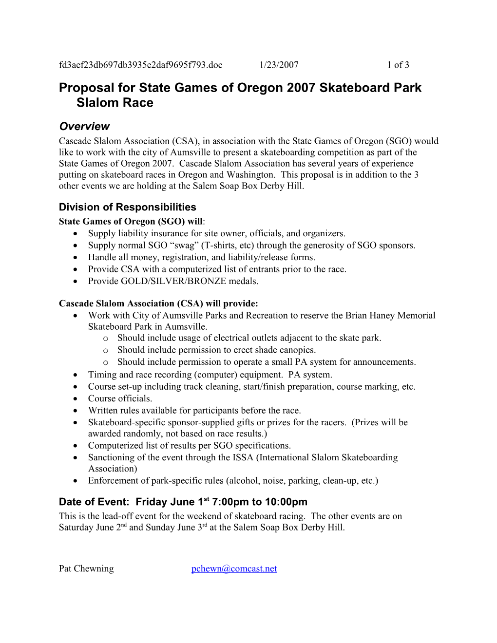 Proposal for State Games of Oregon 2006 Slalom Skateboard Racing