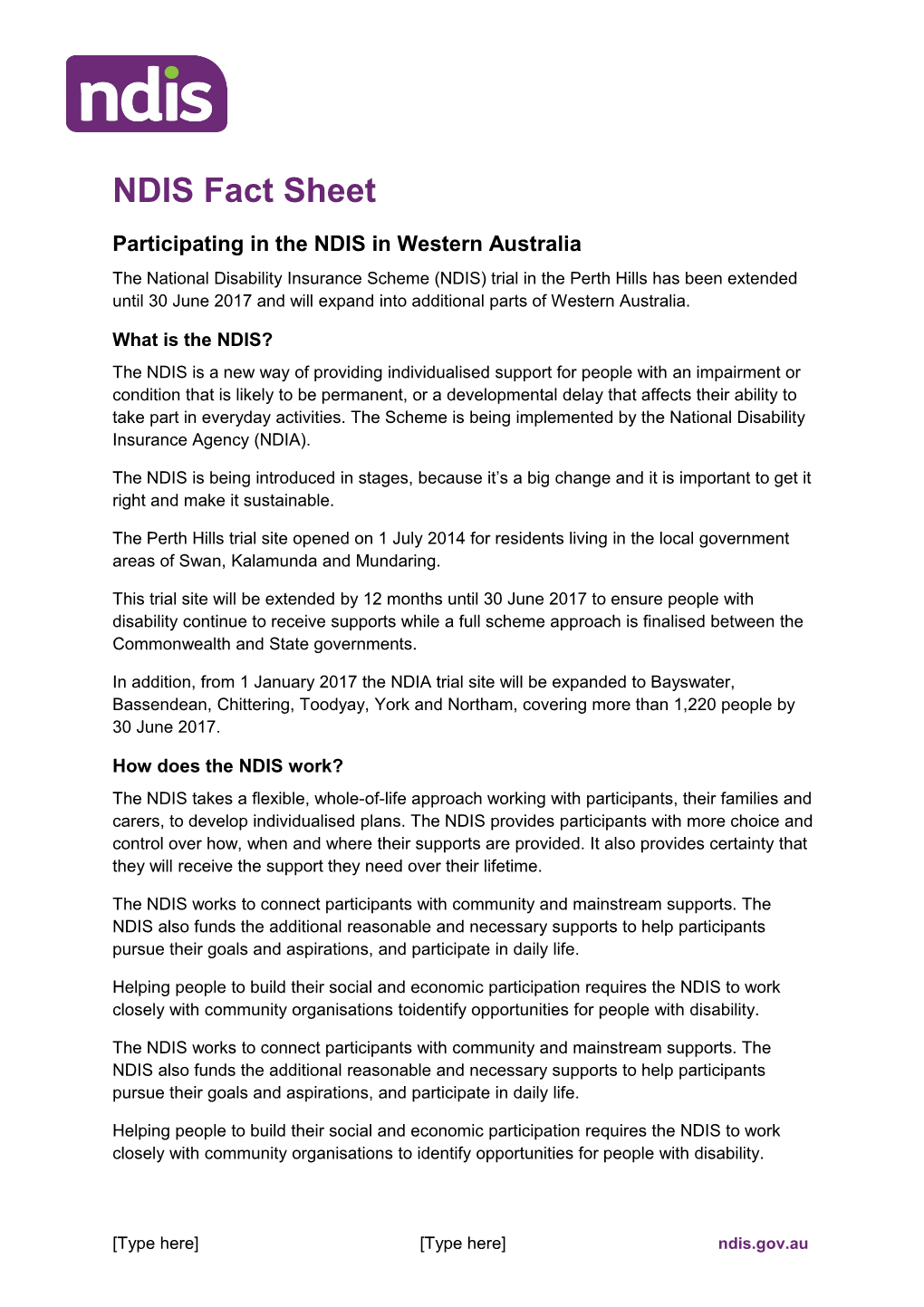NDIS Factsheet: Participating in the NDIS in Western Australia