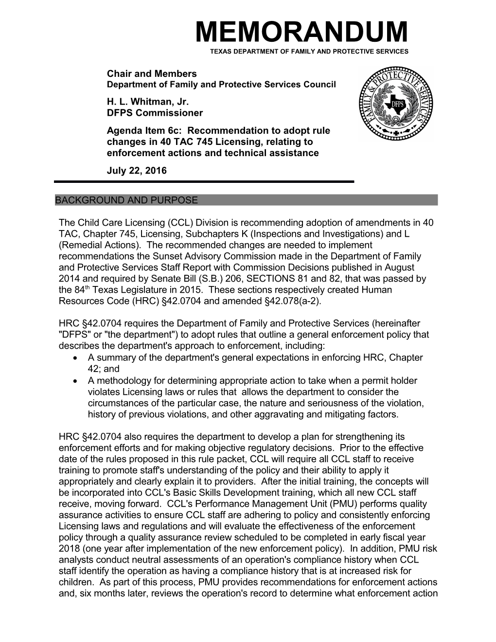 Memorandum Texas Department of Family and Protective Services
