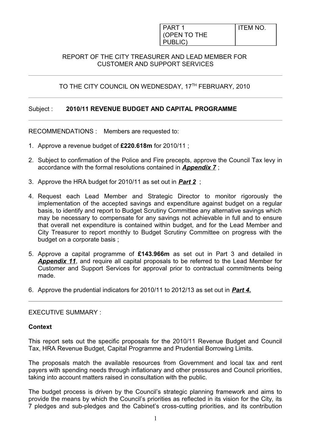 Report of the City Treasurer and Lead Member For