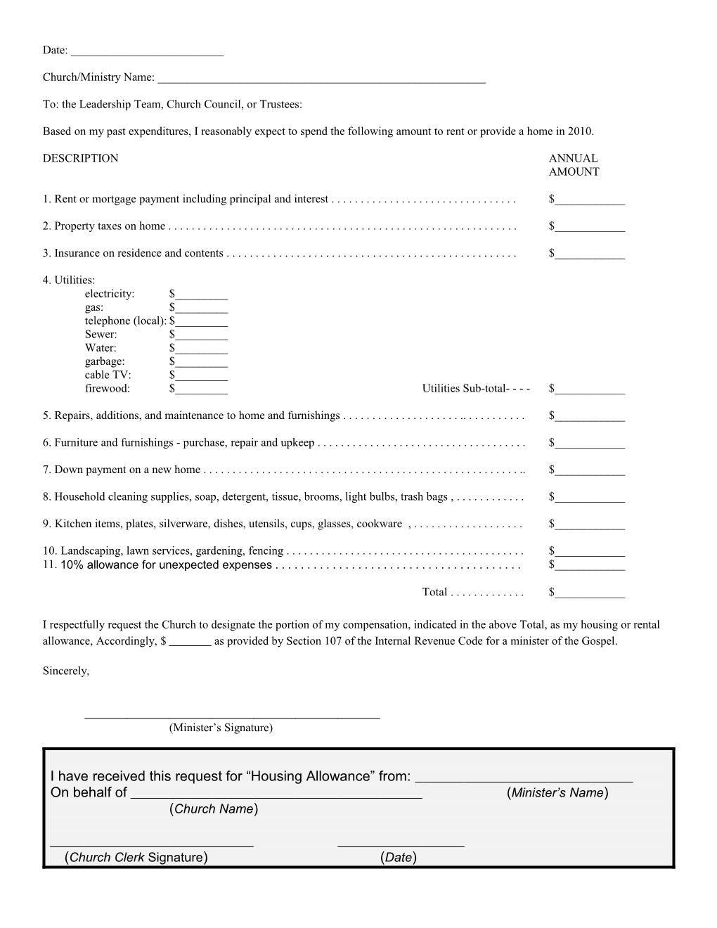 Managing Your Minister S Housing Allowance Page - 1