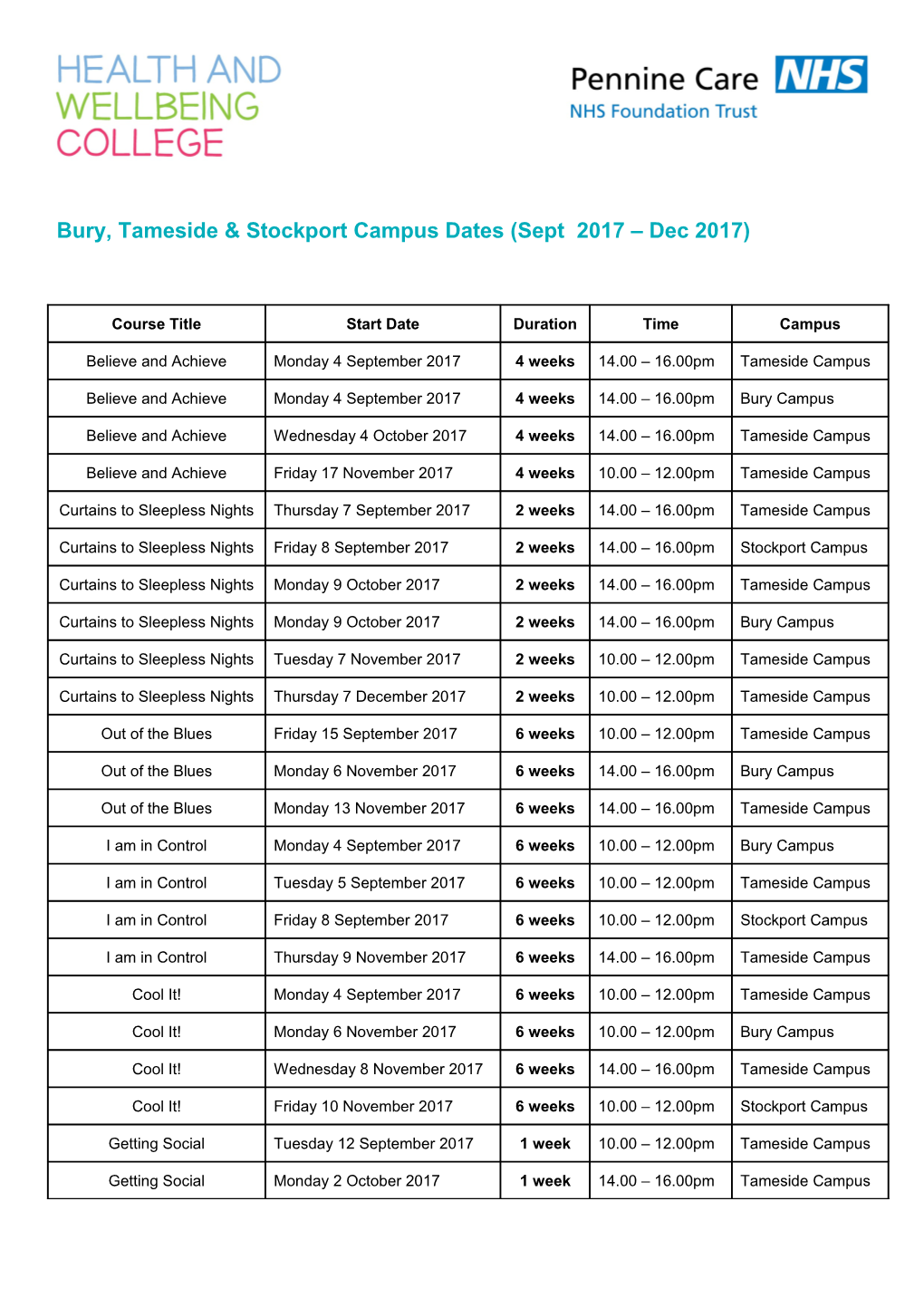 Bury, Tameside & Stockport Campus Dates (Sept 2017 Dec 2017)