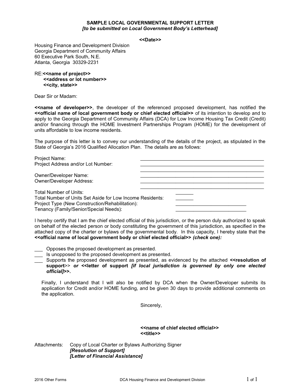 Sample Local Governmental Support Letter