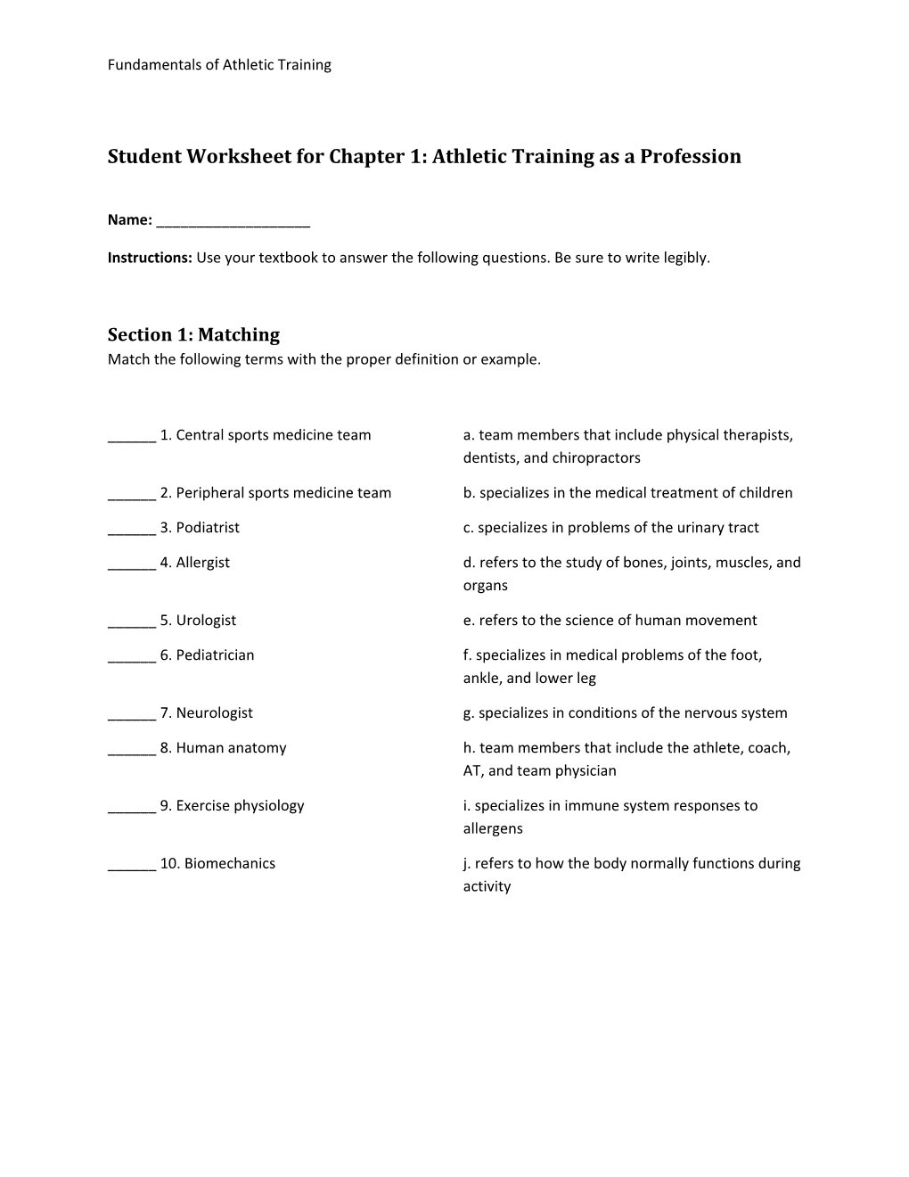 Student Worksheet for Chapter 1: Athletic Training As a Profession