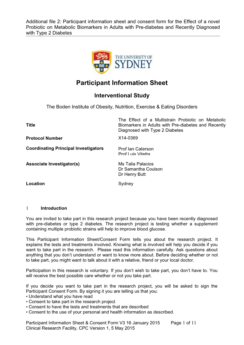 Participant Information Sheet and Consent Form Guidance Document for an Interventional Study