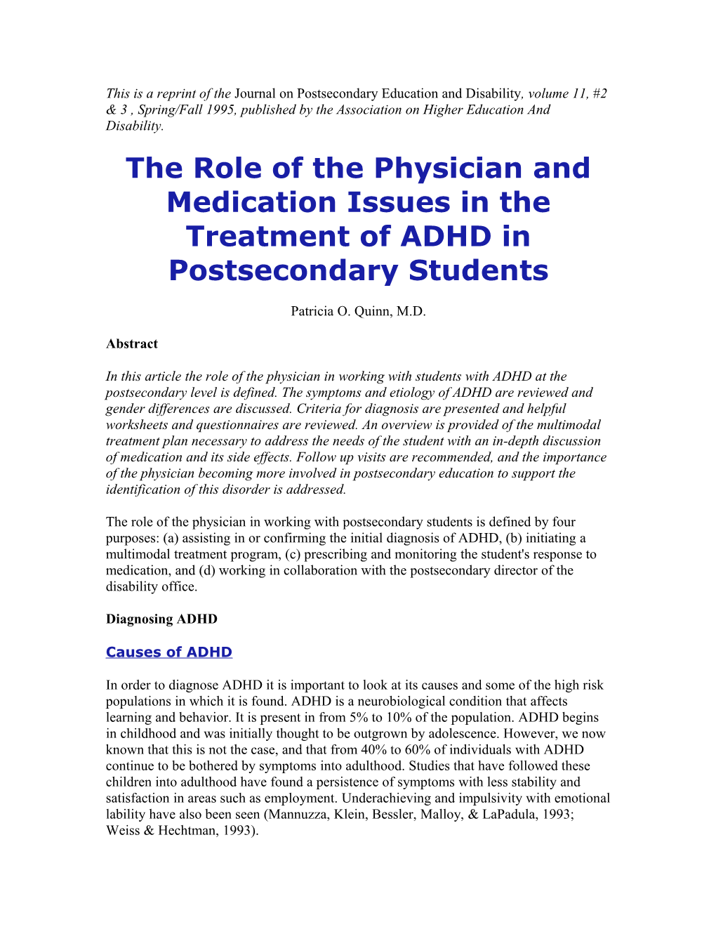 The Role of the Physician and Medication Issues in the Treatment of ADHD in Postsecondary