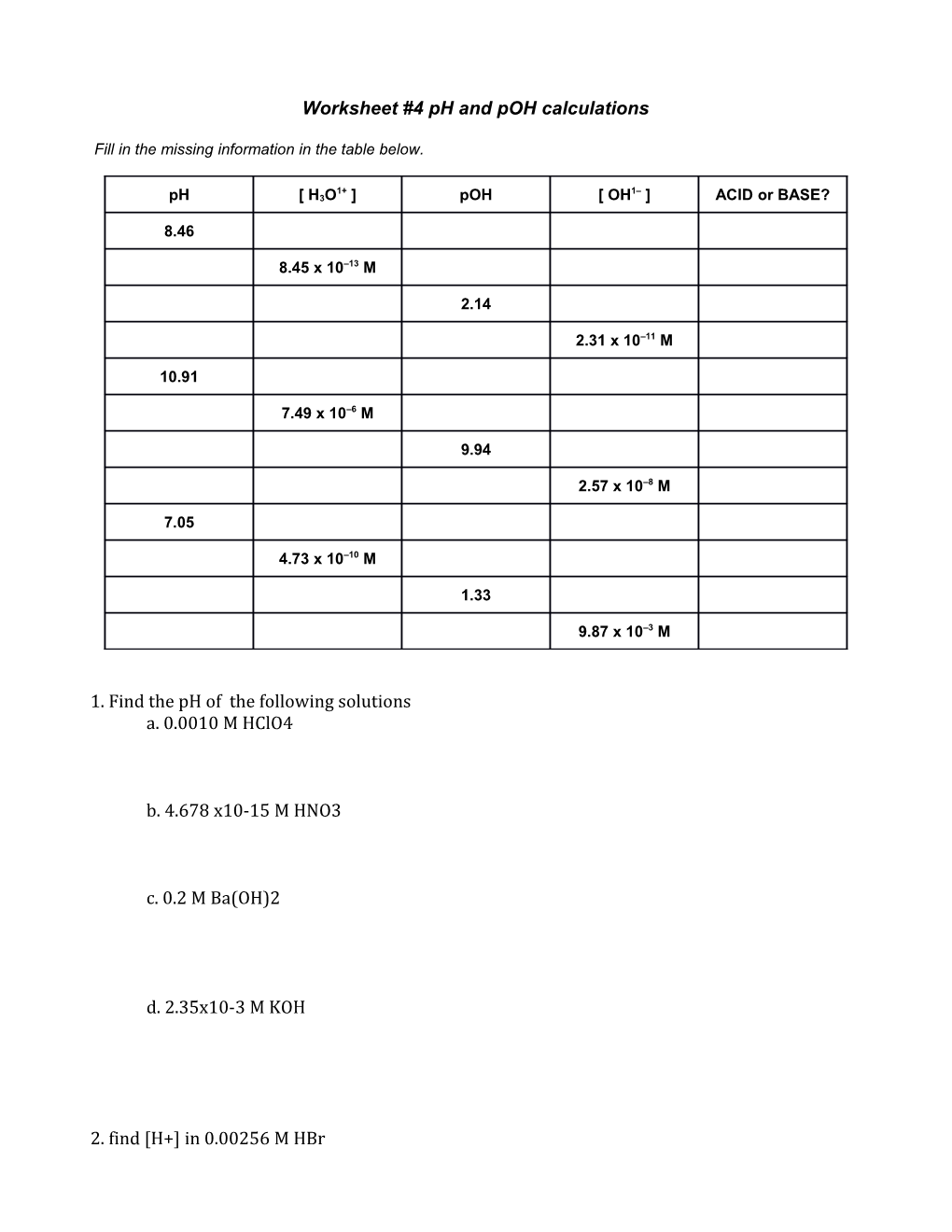 Worksheet #4 Ph and Poh Calculations