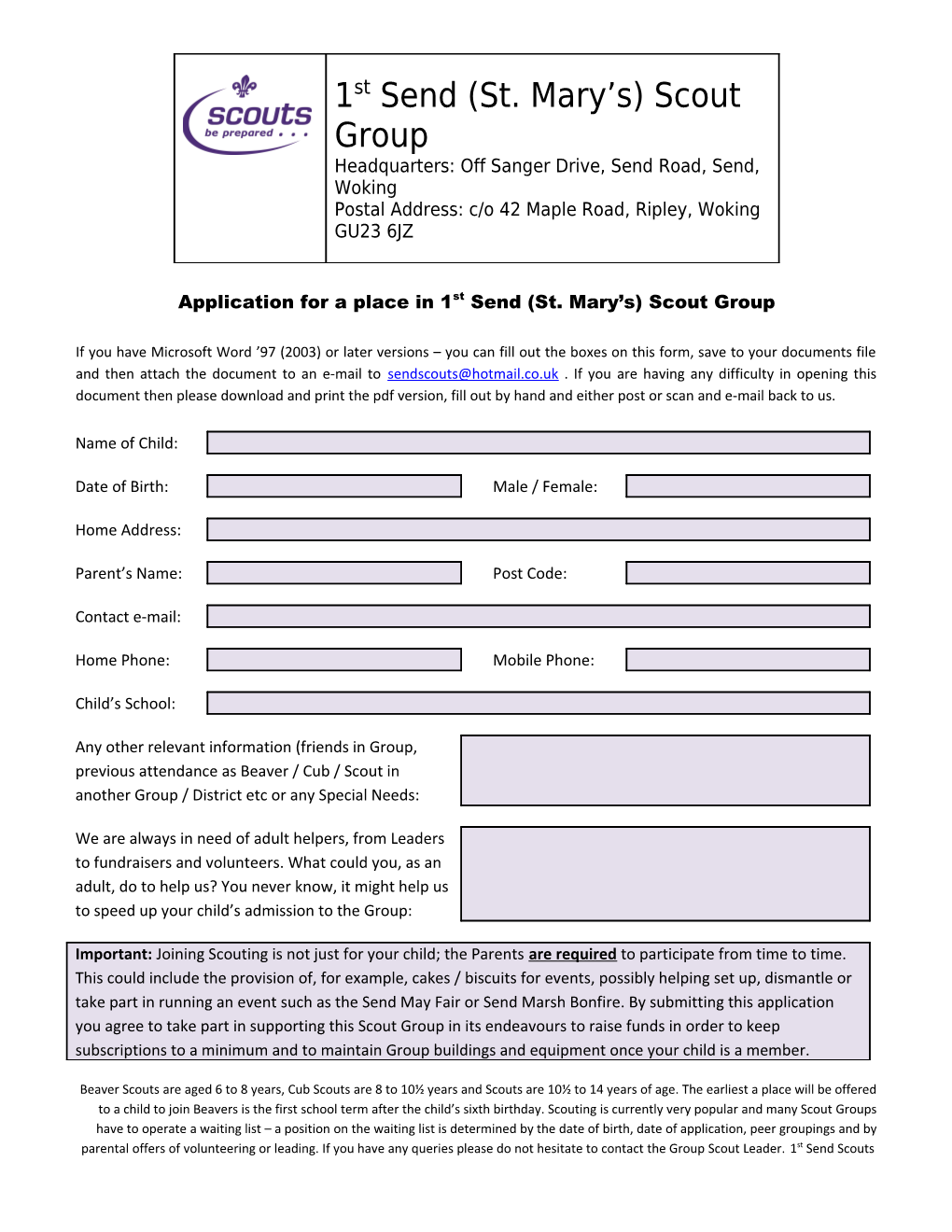 Application for a Place in 1St Send (St. Mary S) Scout Group