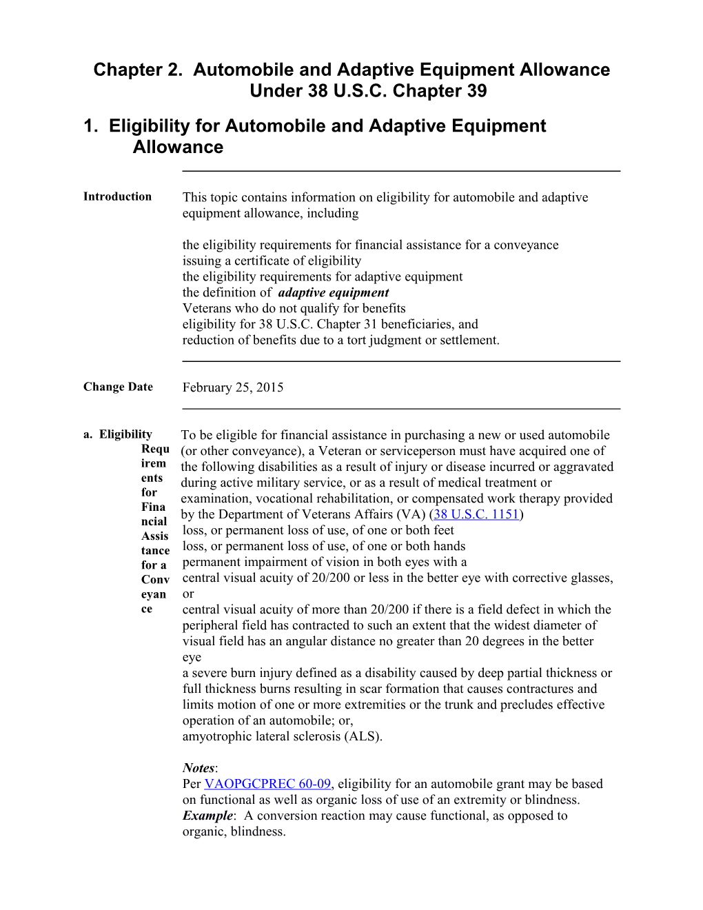 Chapter 2. Automobile and Adaptive Equipment Allowance Under 38 U.S.C. Chapter 39 (U.S