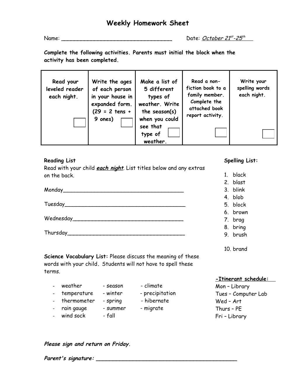 Weekly Homework Sheet s19