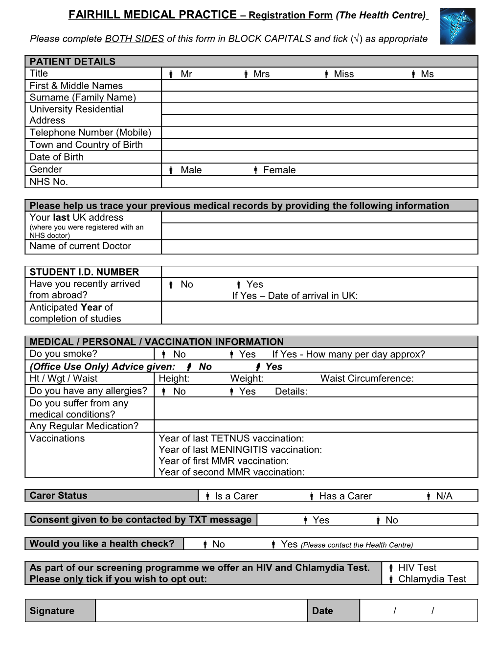 FAIRHILL MEDICAL PRACTICE Registration Form