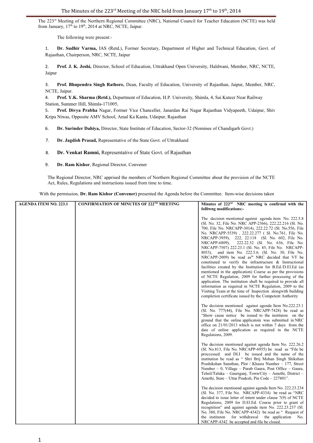 The Minutes of the 223Rd Meeting of the NRC Held from January 17Th to 19Th, 2014