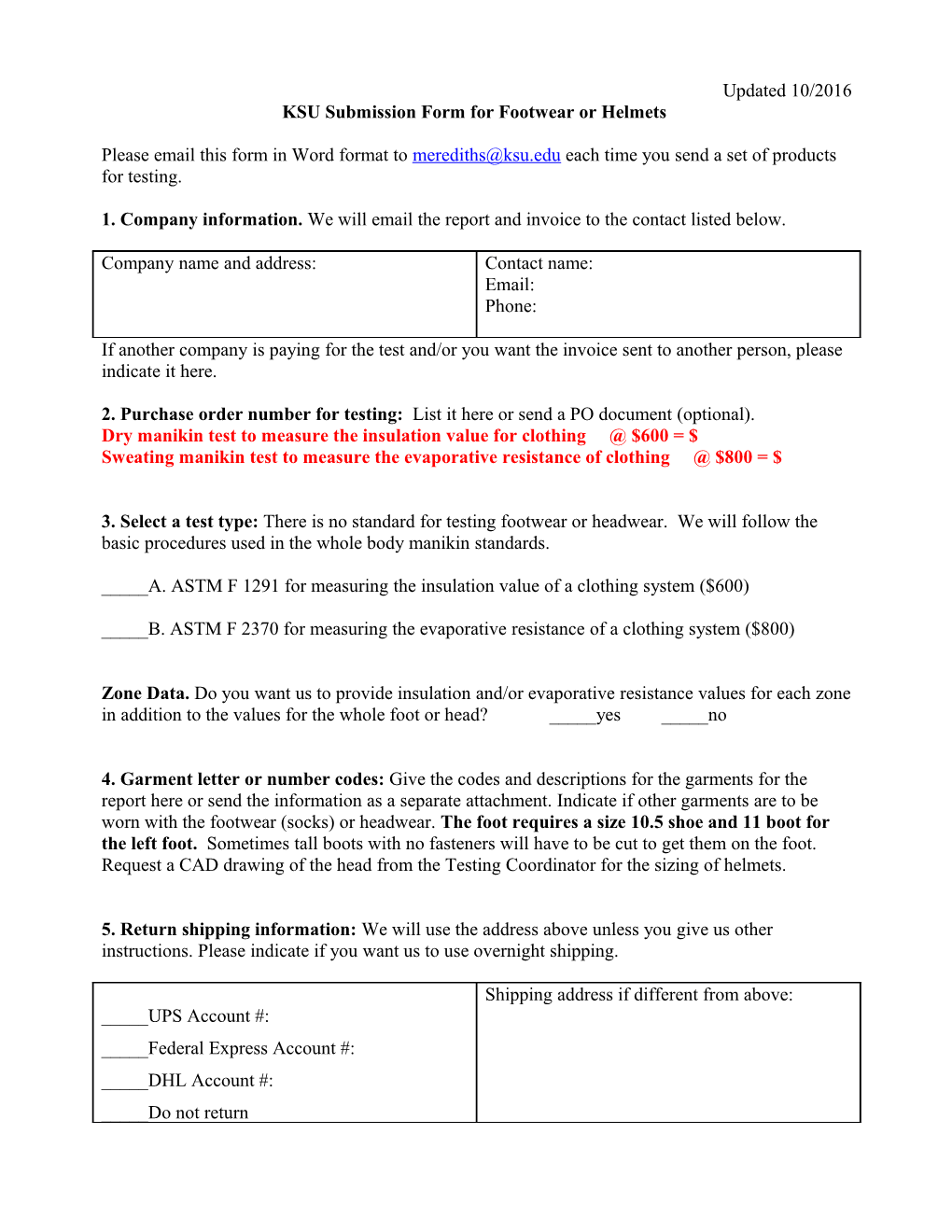KSU Submission Form for Footwear Or Helmets