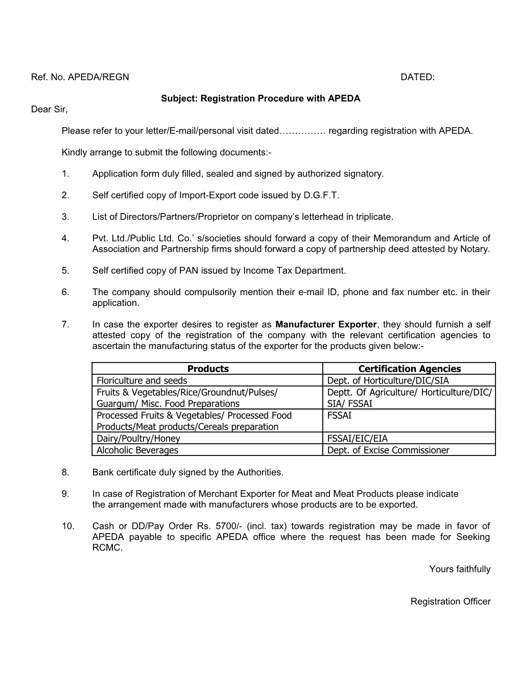 Subject: Registration Procedure with APEDA