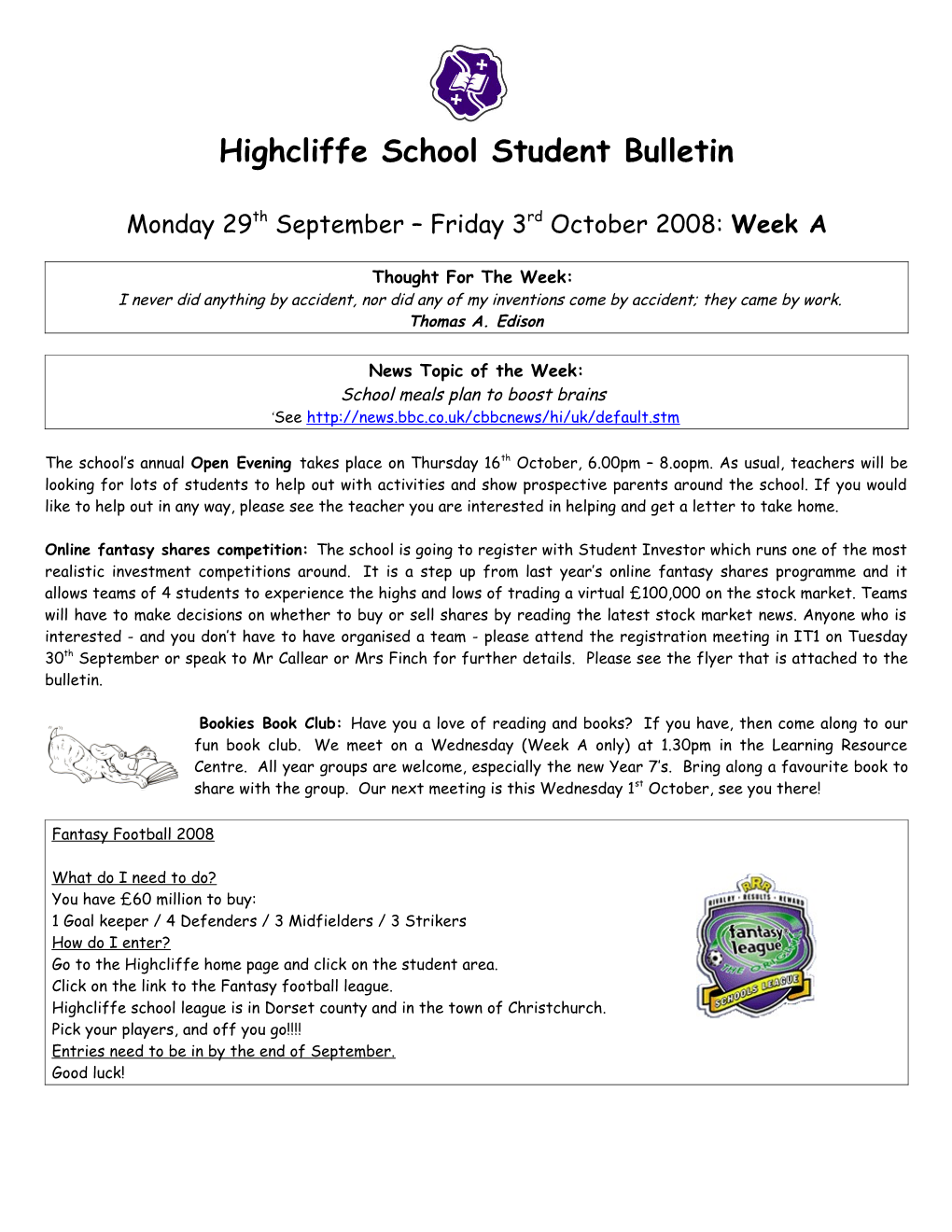 Highcliffe School Student Bulletin s1